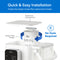 Diagram showing a SIMPL PAC 2-in-1 Composite Filter with top-access compartment and activated carbon rod for advanced purification. Text reads, “Quick & Easy Installation—No Tools Required.”.