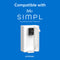 SIMPL PAC 2-in-1 Composite Filter shown on a blue background with "Compatible with SIMPL Countertop Water Dispenser" above and code CLCTPOUW2 below—highlights 0.2 micron filtration for superior purity.