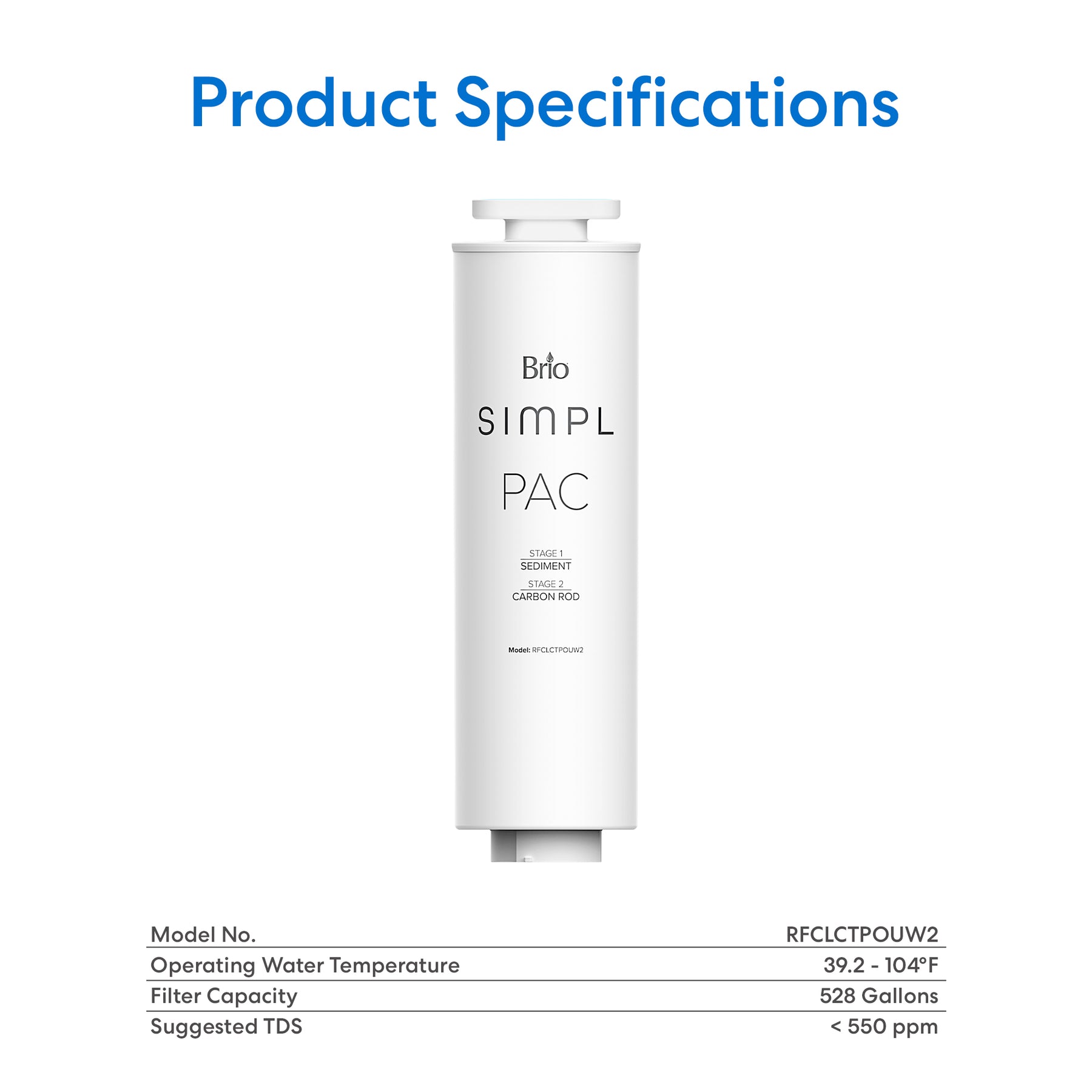 A Brio SIMPL PAC 2-in-1 Composite Filter cartridge is shown with blue text above reading Product Specifications. Details below include model number, operating temperature range, filter capacity, and suggested TDS for this filter.