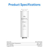 A Brio SIMPL PAC 2-in-1 Composite Filter cartridge is shown with blue text above reading Product Specifications. Details below include model number, operating temperature range, filter capacity, and suggested TDS for this filter.