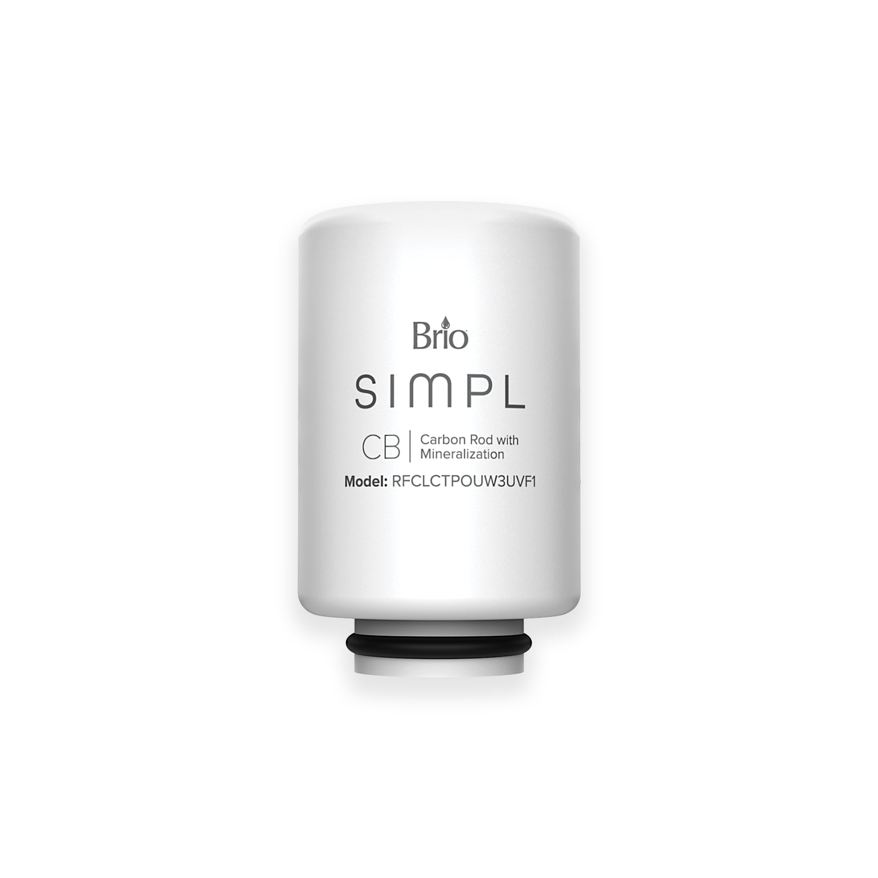 A white cylindrical water filter cartridge labeled SIMPL 2-in-1 Filter with Mineralization, Model: RFCLLTPOUW3UVFI, features an advanced carbon filter and appears against a plain white background.