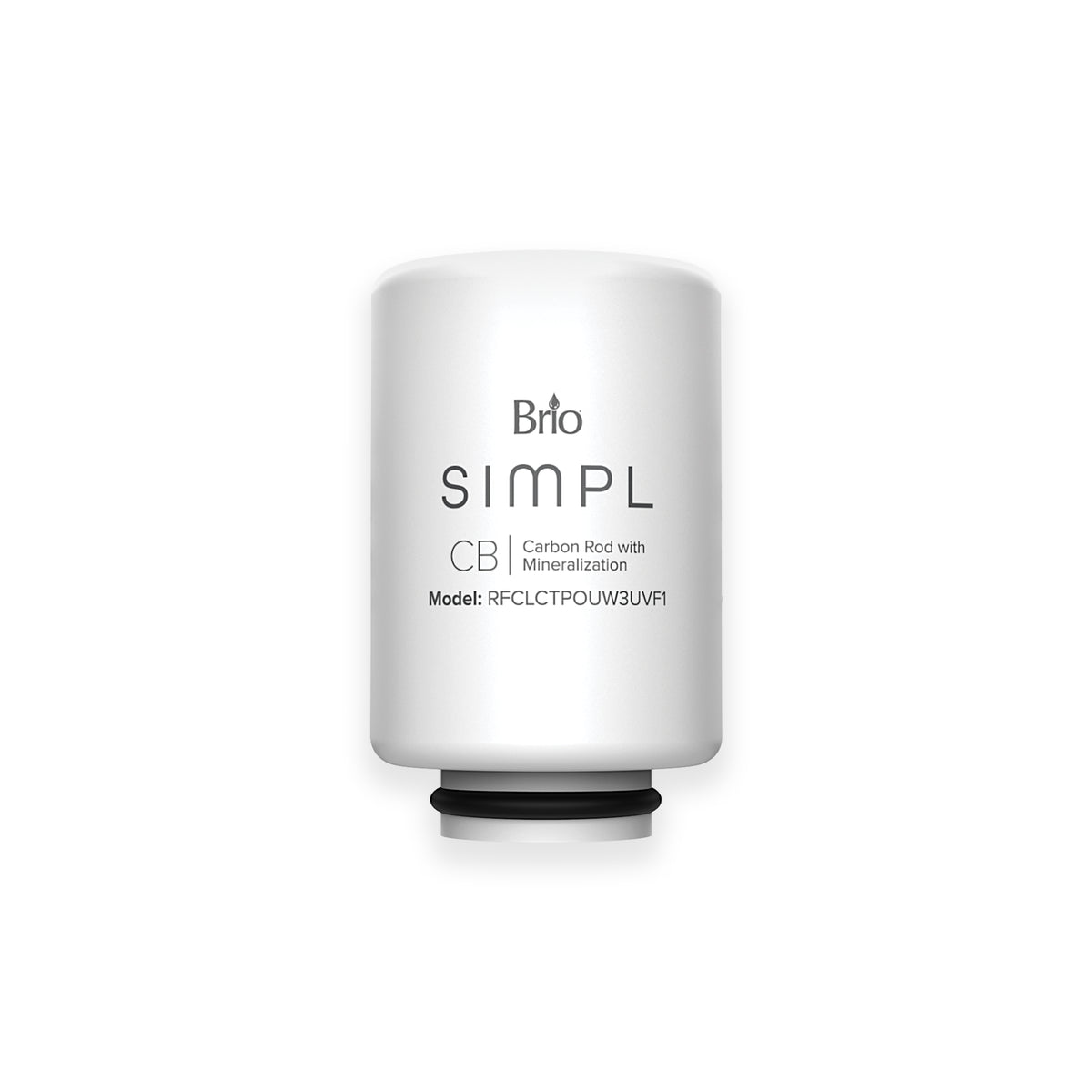A white cylindrical water filter cartridge labeled SIMPL 2-in-1 Filter with Mineralization, Model: RFCLLTPOUW3UVFI, features an advanced carbon filter and appears against a plain white background.