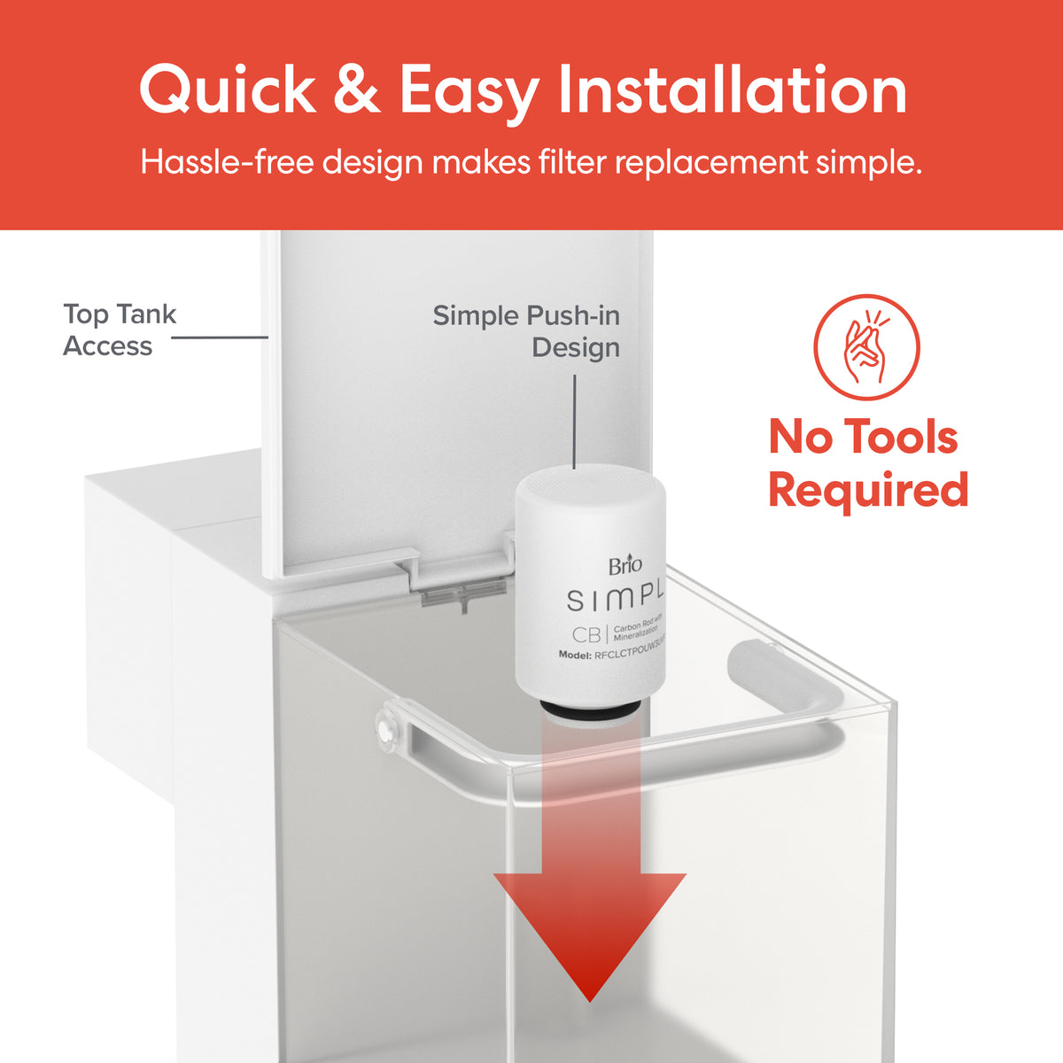 Diagram of the SIMPL 2-in-1 Filter with Mineralization being inserted into the top tank, shown by an arrow. Text highlights Quick & Easy Installation and No Tools Required for effortless filter replacement.