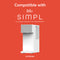 A SIMPL 2-in-1 Filter with Mineralization is shown with a white Brio SIMPL countertop dispenser against a red background. The text at the bottom reads: Compatible with Brio SIMPL Countertop Dispenser and CLCTPOUW2.