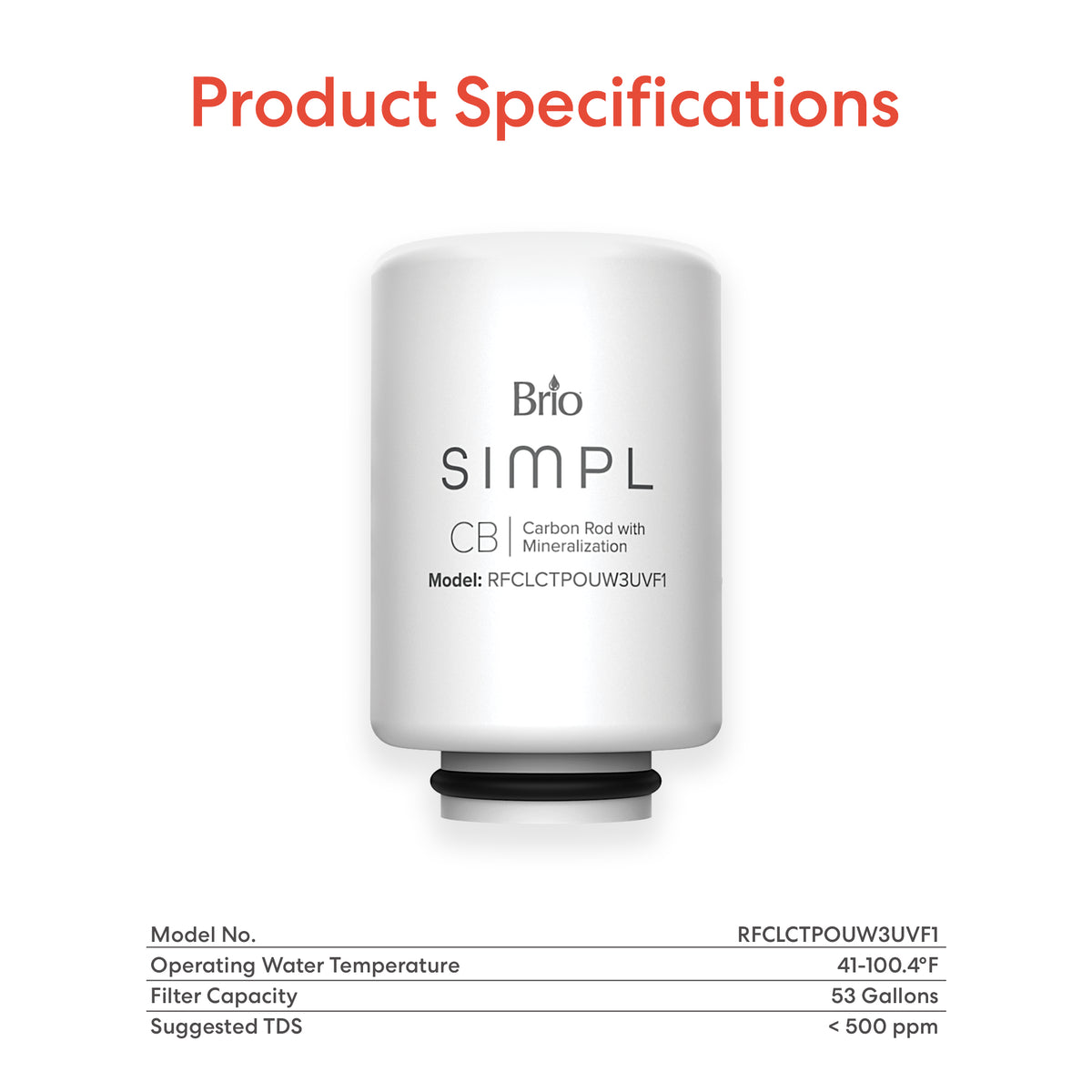 A white SIMPL 2-in-1 Filter with Mineralization is shown above a table listing its product specifications, such as model number, water temperature range, filter capacity, and recommended TDS levels.
