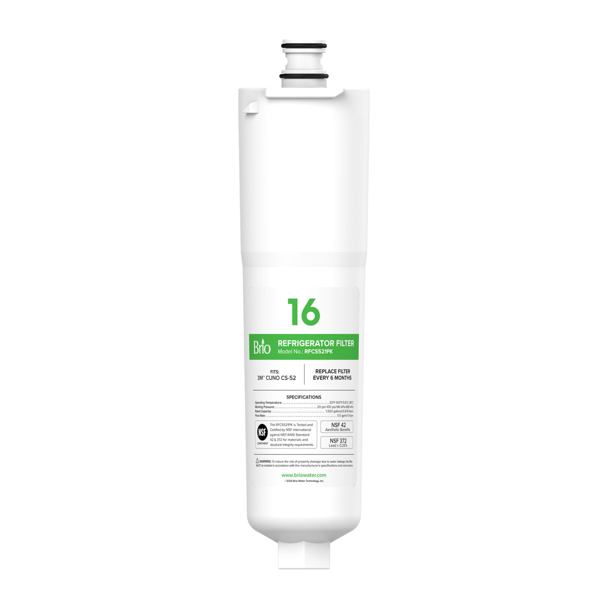 The CS521 Refrigerator Filter – 3M™ Cuno CS-52 is a white, cylindrical NSF-certified filter with green and black text and certification icons, shown upright on a plain white background. It uses a coconut shell carbon block for efficient filtration.