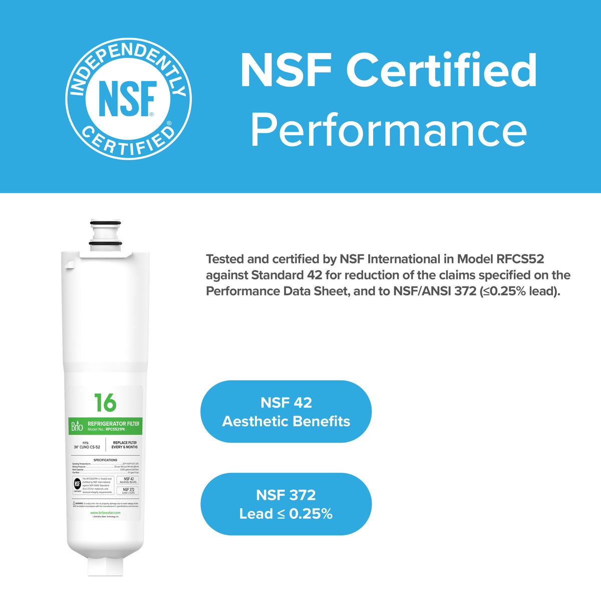 Image of the CS521 Refrigerator Filter – 3M™ Cuno CS-52, featuring the NSF logo and text: "NSF Certified Performance," "NSF 42 Aesthetic Benefits," "NSF 372 Lead ≤ 0.25%," plus a coconut shell carbon block material label.