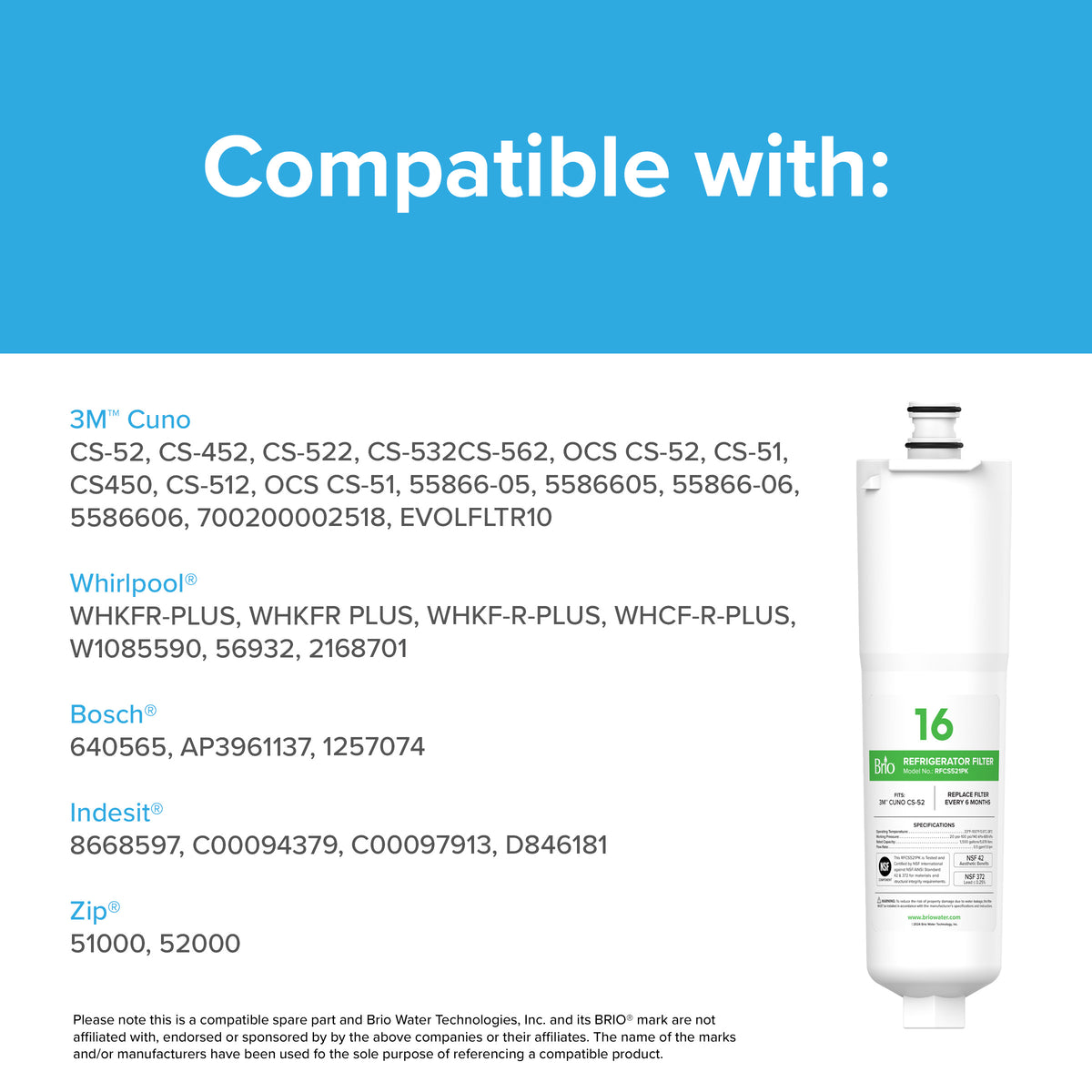 A white NSF-certified CS521 Refrigerator Filter – 3M™ Cuno CS-52 is shown on the right. On the left, text reads "Compatible with:" and lists 3M Cuno, Whirlpool, Bosch, InstPure, and Zip models with coconut shell carbon block filtration.