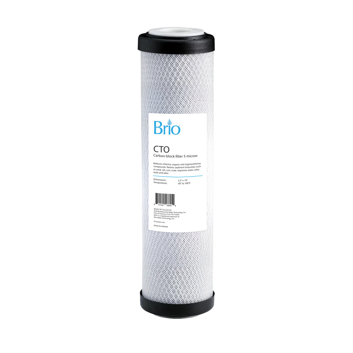 The CTO Coconut Shell Activated Carbon-Block Cartridge 2.5" x 10", 5 Micron, features a cylindrical white body, black end caps, and a front label for clear identification while providing efficient filtration.