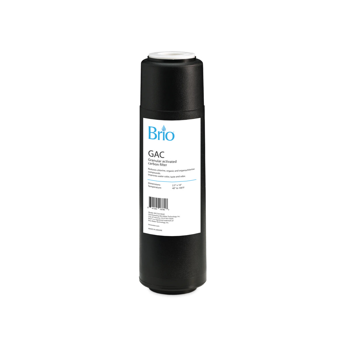 A Brio GAC Coconut Shell Activated Carbon Cartridge 2.5"x10" (SKU RFCT2510GAC) with a black cylindrical design and a white label with blue text stands upright against a white background.