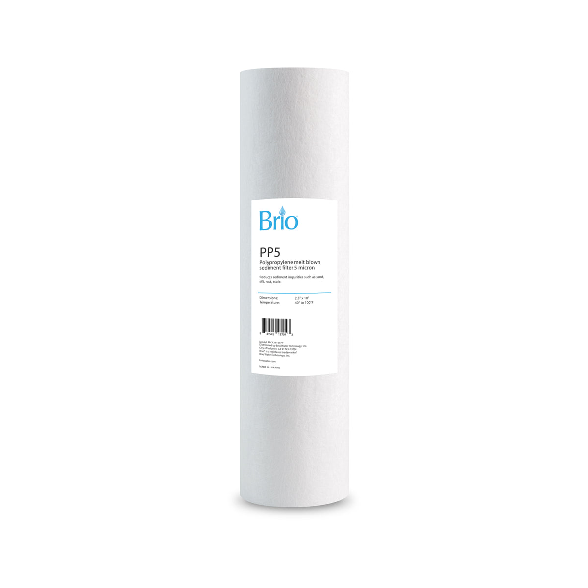 The PP Sediment Filter 2.5x10 - 5 Micron is a cylindrical, plain white cartridge with a smooth texture and an upright white label displaying product information on its front.