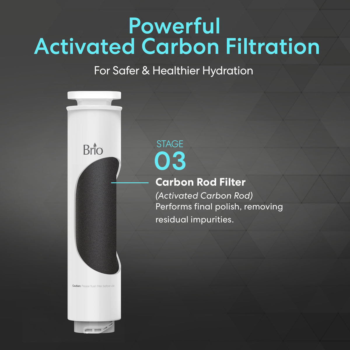 The Carbon Rod Filter - Q20 Dispenser is featured on a geometric background, emphasizing its stage 3 role in advanced filtration for enhanced contaminant reduction and safer, healthier hydration.