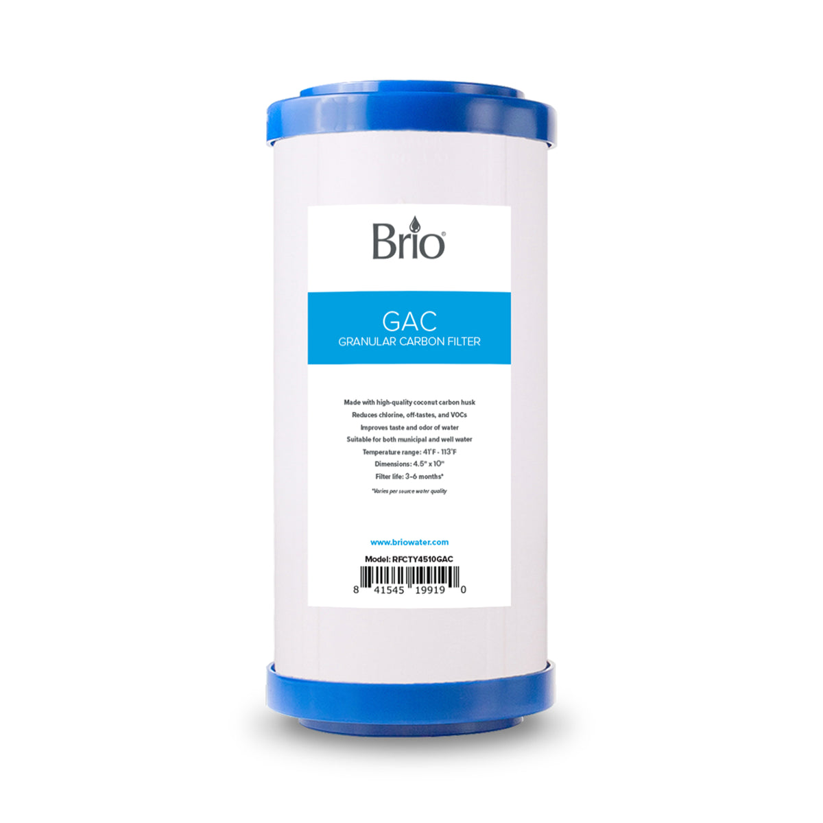 A Whole House 10" Granular Activated Carbon Filter with blue end caps and a white label showing product details and barcode, designed for water filtration systems. Ideal as a whole house carbon filter solution.