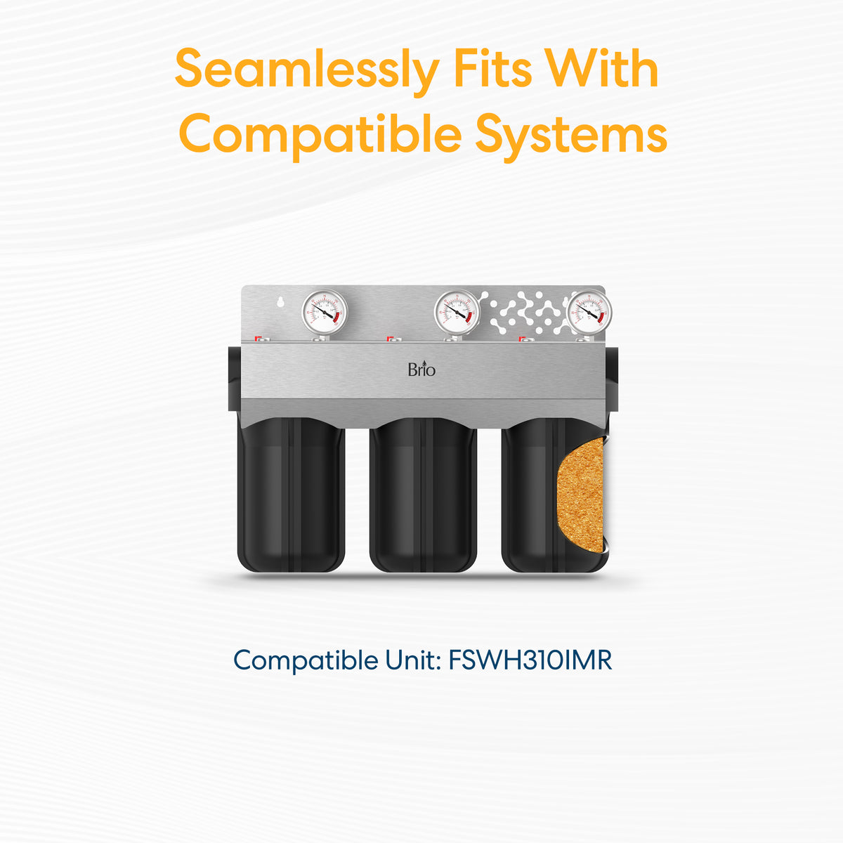 The Whole House 10" Iron & Manganese Filter is a three-stage water filtration unit with black housings and pressure gauges, labeled Fits with Compatible Systems. Compatible Unit: FSWH310IMR. Features a whole house iron filter.