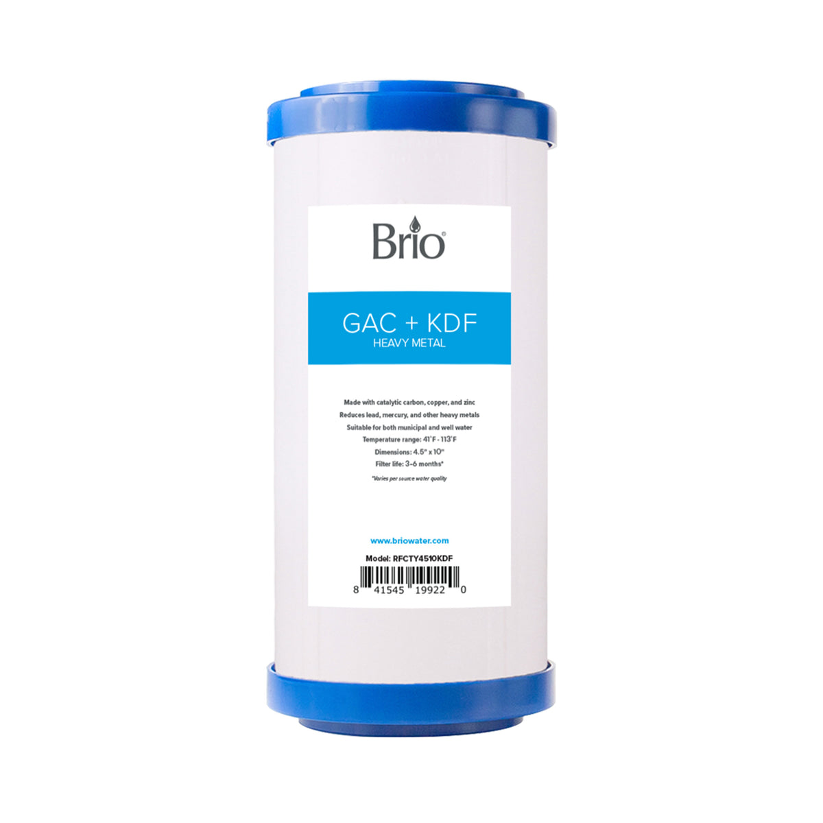 The Whole House 10" Heavy Metal Filter is a cylindrical cartridge with blue end caps, a white body, and product info on the label—a reliable upgrade for your water filtration system.