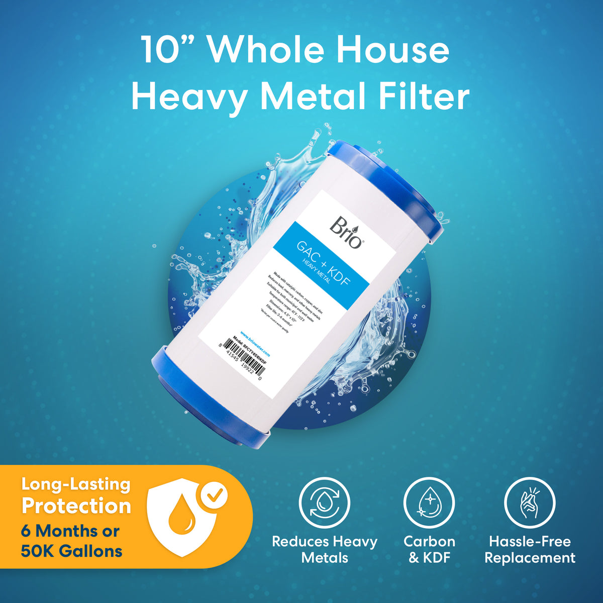A Whole House 10" Heavy Metal Filter is shown against a blue background with water splashes. Icons highlight long-lasting protection, catalytic carbon filtration, heavy metal reduction, and easy replacement.