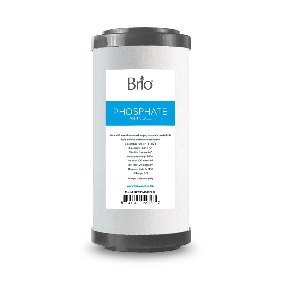 The Whole House 10" Anti-Scale Filter features a white body, black top and bottom, and a blue and white label—perfect for use in whole house filtration systems.