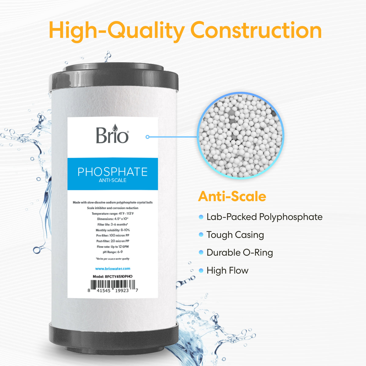 A Whole House 10" Anti-Scale Filter cartridge is displayed with a close-up of sodium polyphosphate beads. Features include lab-packed polyphosphate, tough casing, durable O-ring, and high flow—perfect for whole house filtration. Water splash graphics in the background.