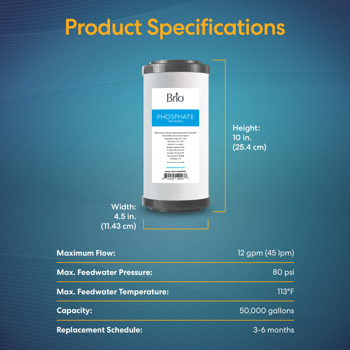 The Whole House 10" Anti-Scale Filter, 4.5" wide, features sodium polyphosphate media, supports up to 12 gpm flow and 80 psi pressure, and uses anti-scale technology. The cylindrical cartridge is shown centered on a blue background.