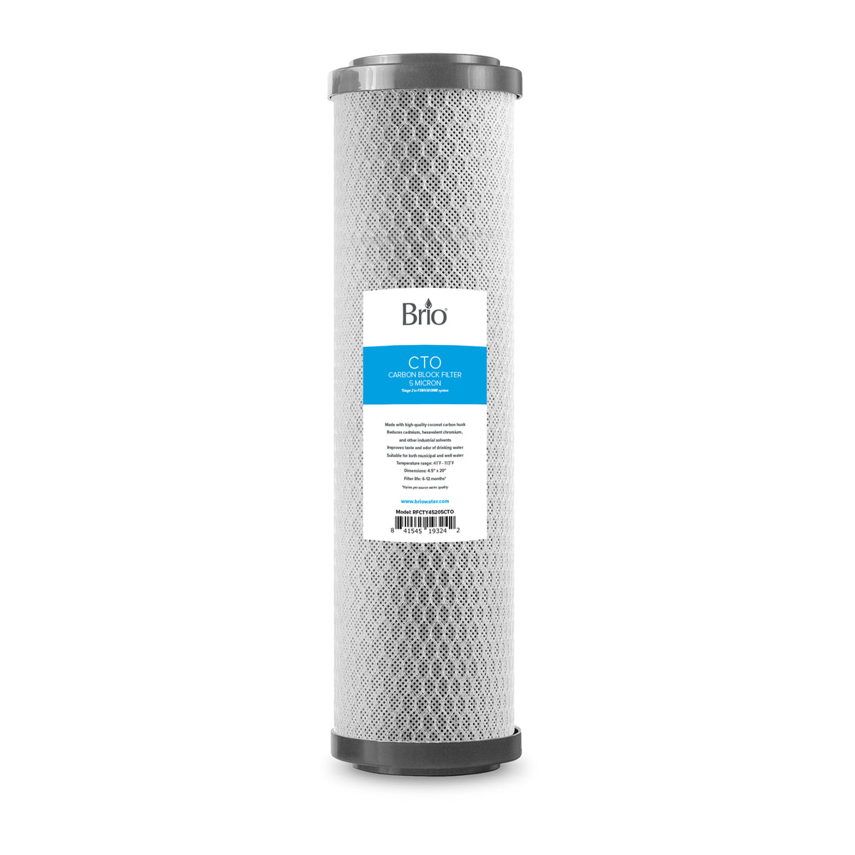A Whole House 20" Carbon Block Filter featuring a cylindrical coconut shell carbon cartridge with a textured gray exterior, black end caps, and a blue and white product information label for your water filtration system.