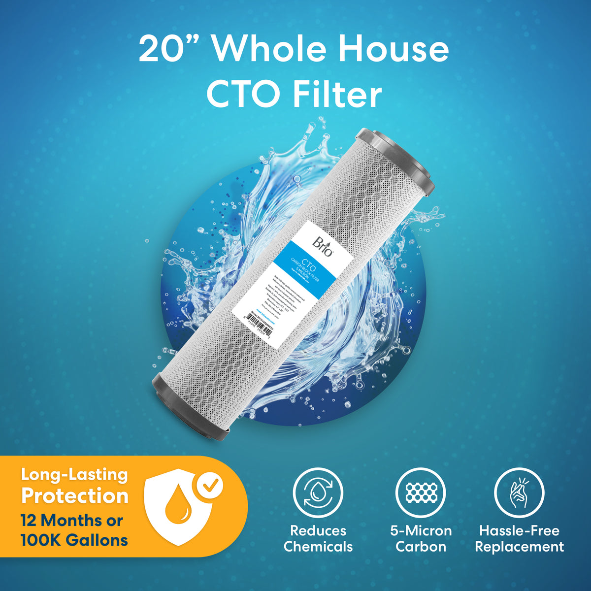The Whole House 20" Carbon Block Filter is shown on a blue background with a water splash, featuring icons for chemical reduction, 5-micron coconut shell carbon, easy replacement, and up to 12 months or 100K gallons of protection.