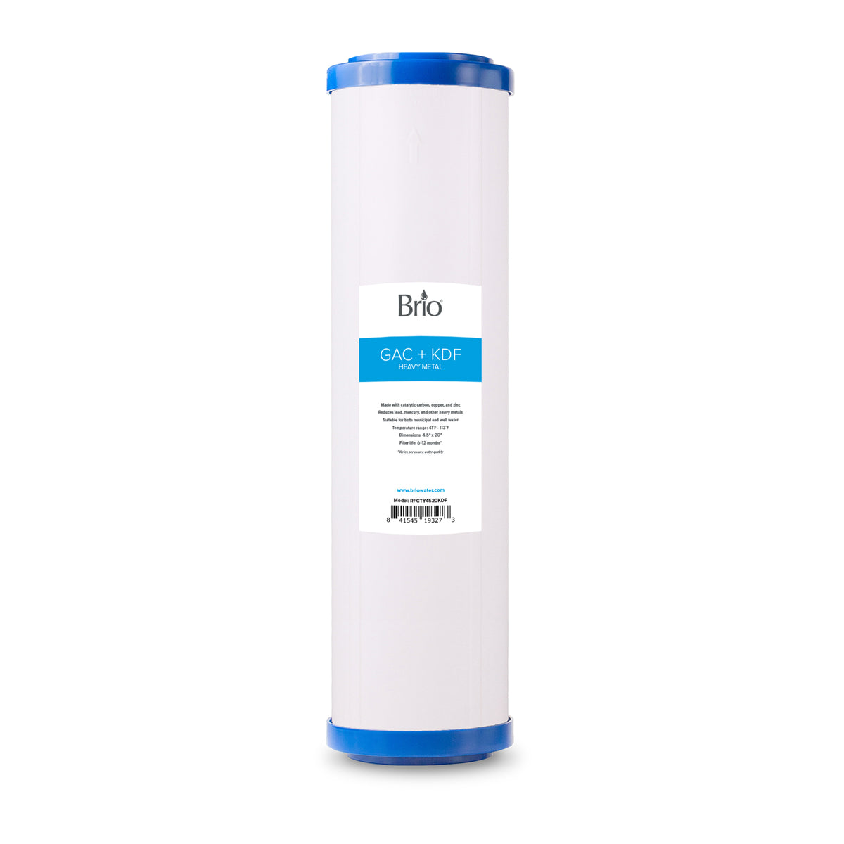 A white cylindrical water filter cartridge with blue ends and a blue label reading "Brio GAC + KDF," designed for the Whole House 20" Heavy Metal Filter, detailing product info and filtration specs.