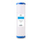 A white cylindrical water filter cartridge with blue ends and a blue label reading "Brio GAC + KDF," designed for the Whole House 20" Heavy Metal Filter, detailing product info and filtration specs.