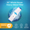 The Whole House 20" Heavy Metal Filter, shown with blue ends on a blue background and water splash, features long-lasting use, heavy metal reduction, catalytic carbon & KDF filtration, plus easy replacement.