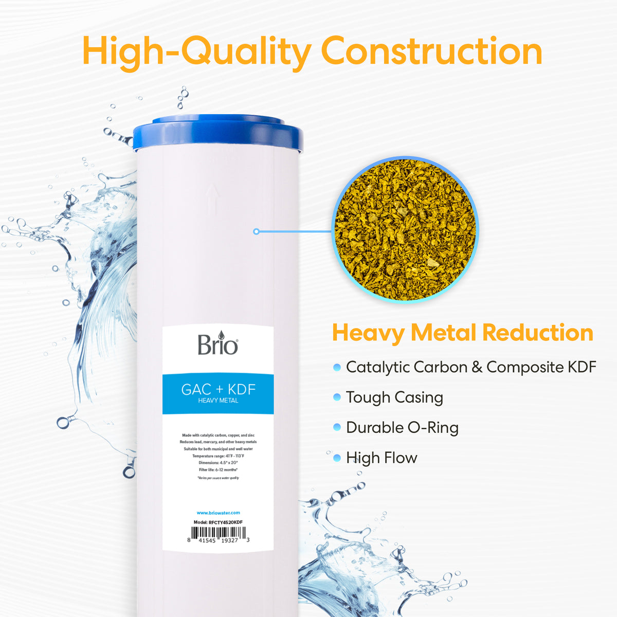 The Whole House 20" Heavy Metal Filter is shown, featuring high-quality construction, composite KDF, tough casing, durable O-ring, high flow rate, and effective heavy metal reduction—perfect for any water filtration system.