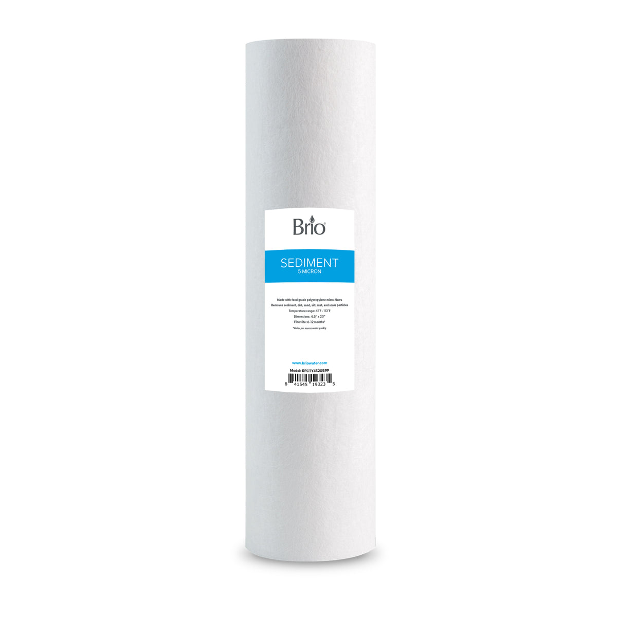 A cylindrical white 5-micron polypropylene cartridge with a blue accent and Brio label, named “Whole House 20" Sediment Filter,” fits universally in 4.5"x20" housings and stands upright on a white background.