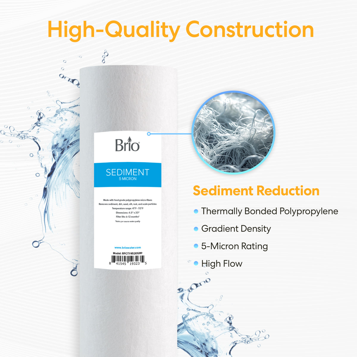 A white Whole House 20" Sediment Filter is shown with labeled features: 5-micron polypropylene filter, gradient density, universal 4.5" x 20" fit, and high flow. Water splashes and a magnified fiber close-up decorate the background.