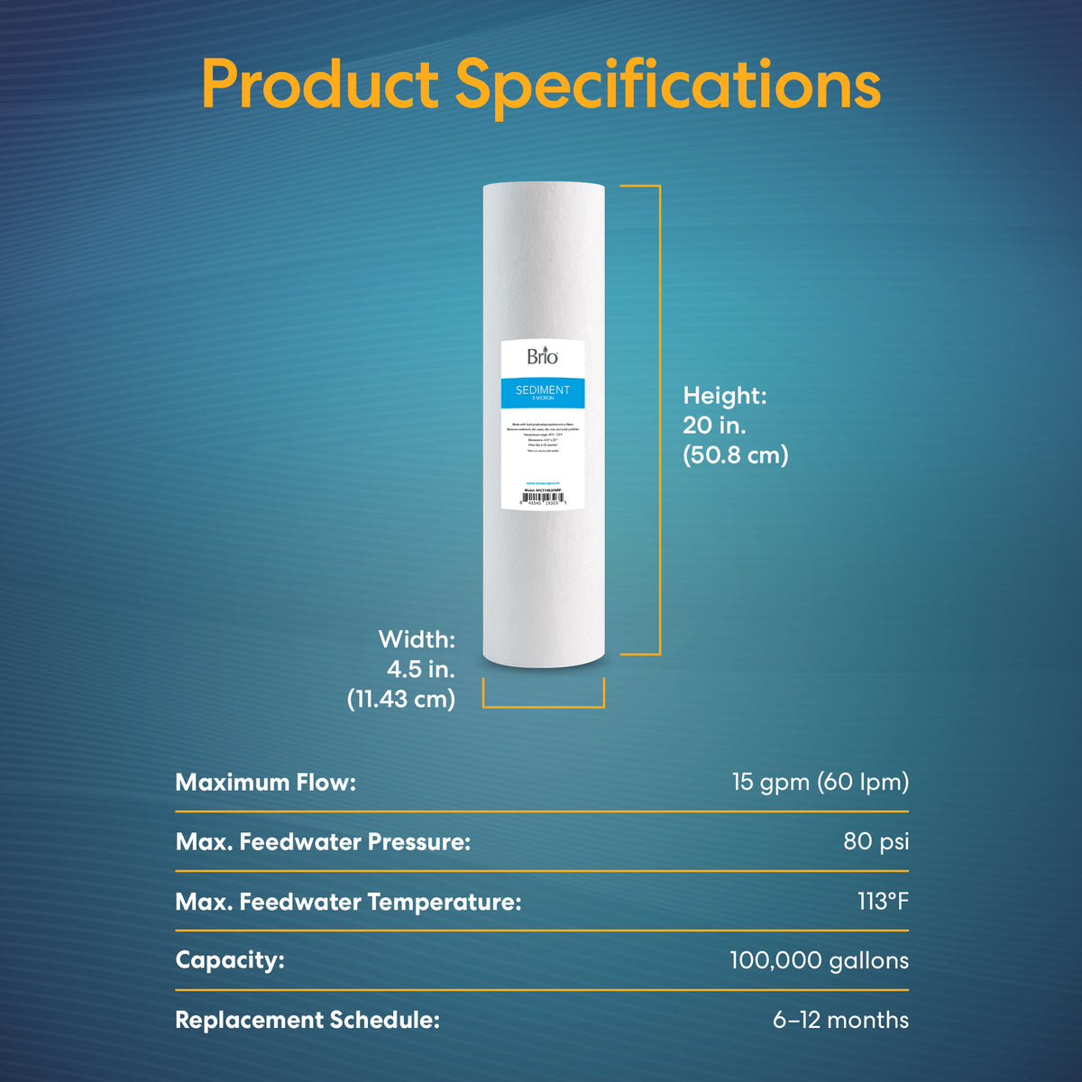 Whole House 20" Sediment Filter: Universal fit, 4.5" x 20", 15 gpm flow, 80 psi max pressure, 113°F max temp, 100,000-gal capacity; durable 5-micron polypropylene filter.