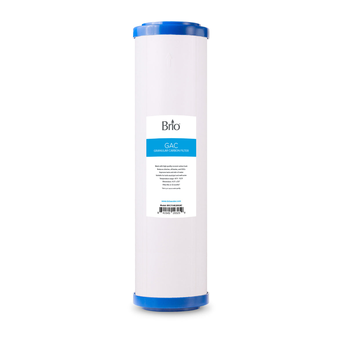 A cylindrical Whole House 20" GAC Filter features blue end caps and a white body. The central label reads Brio GAC Granular Activated Carbon Filter, ideal for whole house water filter systems, with more details below.
