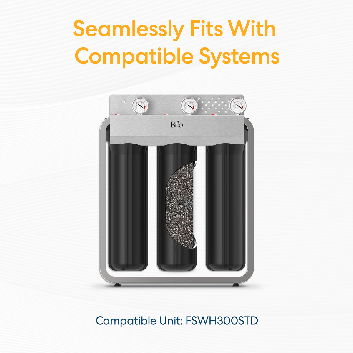 A Whole House 20" GAC Filter system with top gauges and one transparent coconut carbon filter is shown below the text "Seamlessly Fits With Compatible Systems." The compatible unit is labeled FSW H300STD.