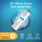 The Whole House 20" Anti-Scale Filter, featuring a white and gray design, is displayed on a blue water-splashed background. Highlights include long-lasting scale protection, sodium phosphate filtration, and easy filter replacement.
