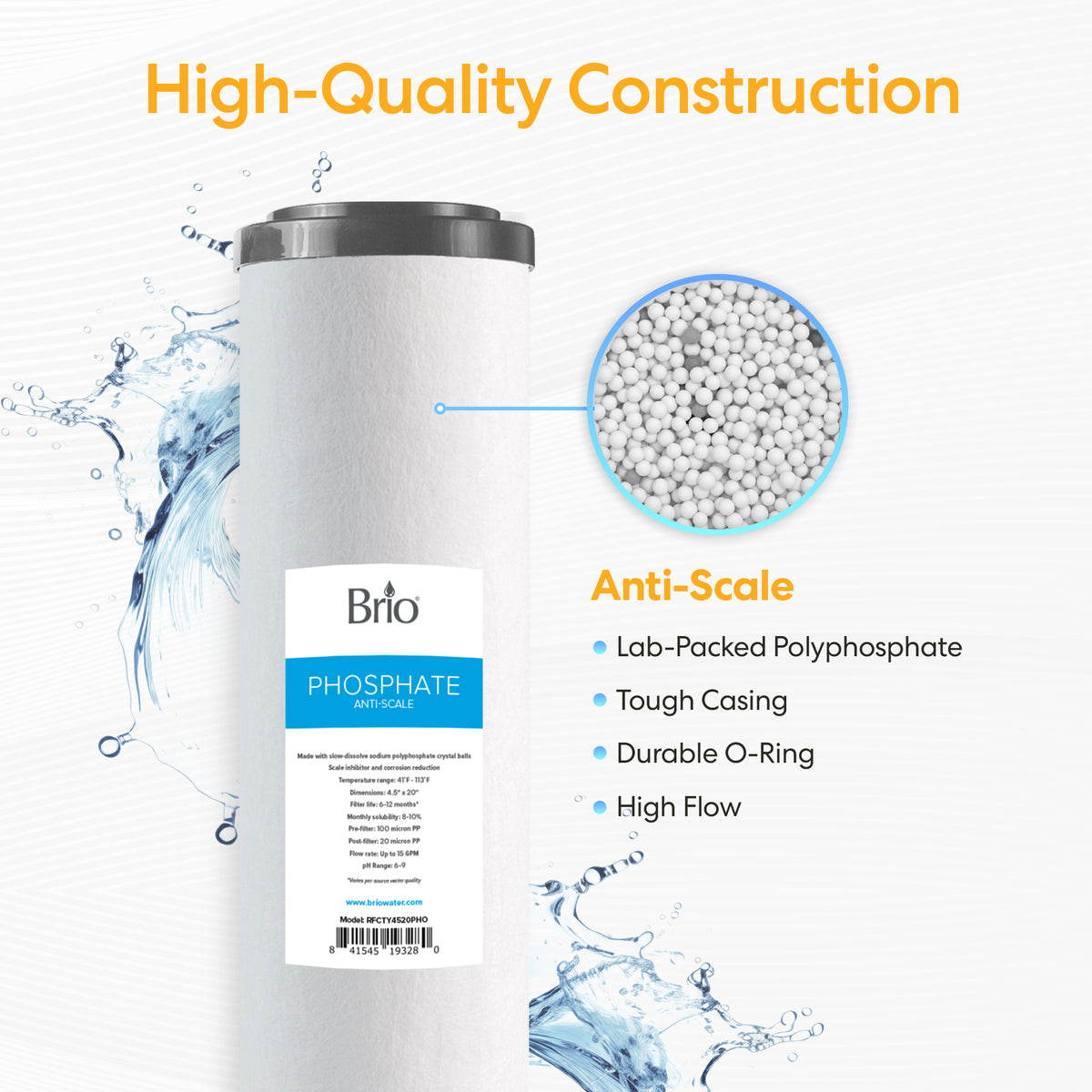 The Whole House 20" Anti-Scale Filter is shown with features like lab-packed polyphosphate, durable casing, strong O-ring, and high flow for scale protection. A close-up reveals white polyphosphate beads inside the filter.