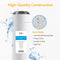 The Whole House 20" Anti-Scale Filter is shown with features like lab-packed polyphosphate, durable casing, strong O-ring, and high flow for scale protection. A close-up reveals white polyphosphate beads inside the filter.