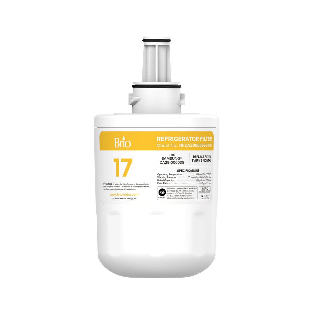 A white DA2900003G Refrigerator Filter – Samsung® DA29-00003G with a yellow label, RDA2900205GPK model, NSF-certified and compatible with Samsung DA29-00020G and DA2900003G, shown on a plain white background.