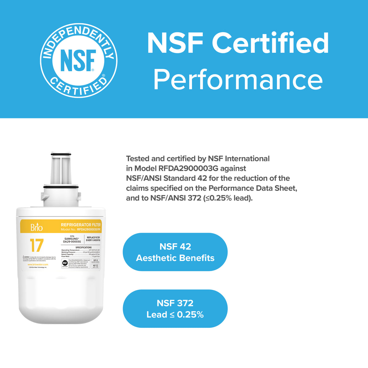 An image displays the DA2900003G Refrigerator Filter – Samsung® DA29-00003G, featuring an NSF certification logo top left and text: "NSF Certified Performance, NSF 42 for aesthetic benefits, NSF 372 for lead ≤ 0.25%.