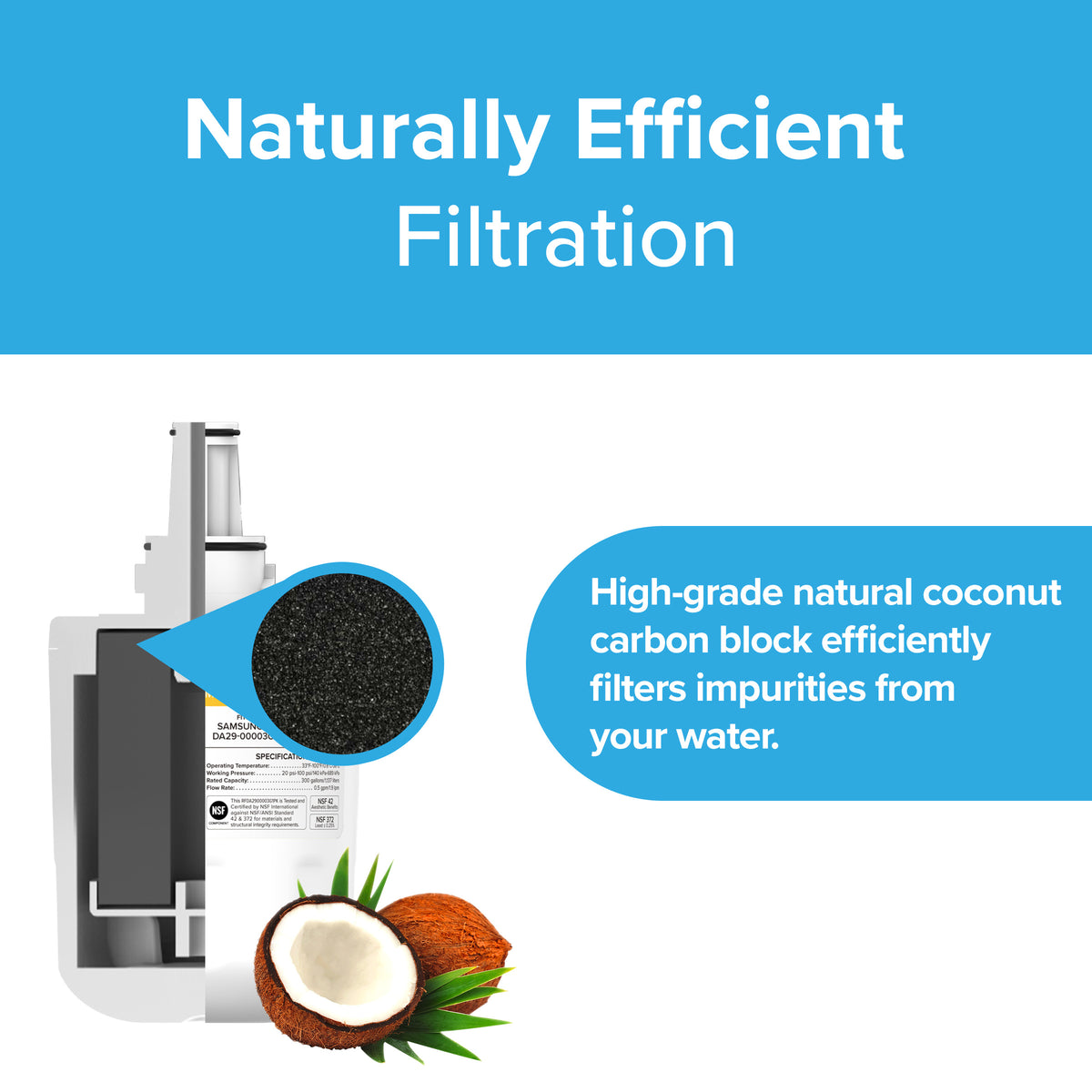 An illustration of the DA2900003G Refrigerator Filter – Samsung® DA29-00003G, NSF-certified, features natural coconut carbon. Text reads Naturally Efficient Filtration with visuals of coconut and water, emphasizing effective impurity filtering.