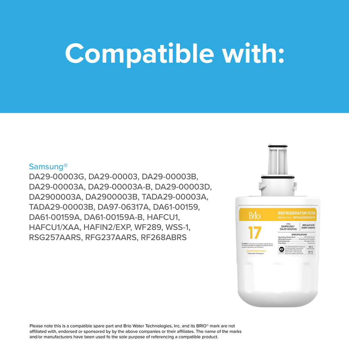 A DA2900003G Refrigerator Filter – Samsung® DA29-00003G, NSF-certified, is shown under "Compatible with:" followed by a list of Samsung refrigerator model numbers on a blue background.
