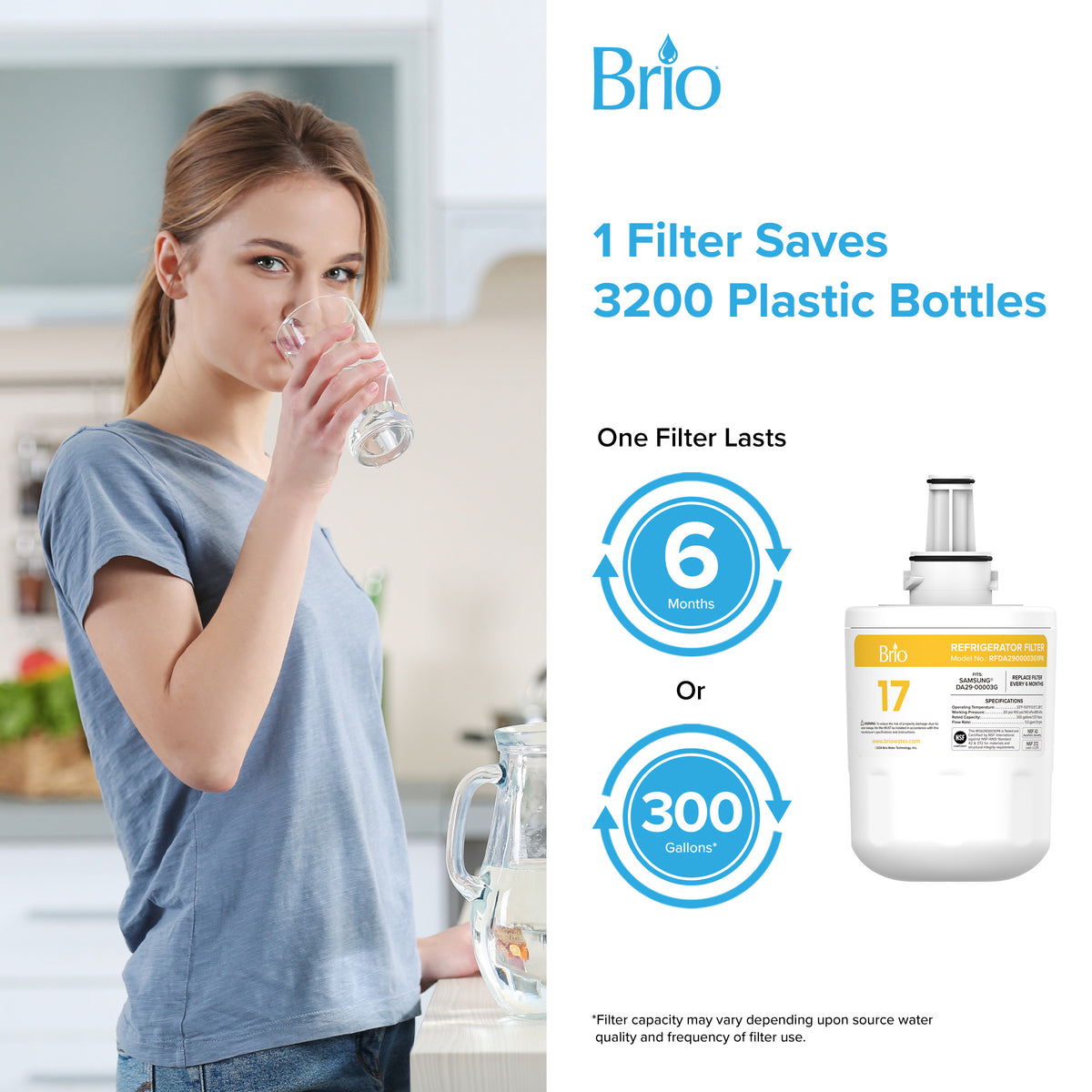 A woman drinks water beside a pitcher. Text: “One NSF certified DA2900003G Refrigerator Filter (3-Pack) saves 3200 plastic bottles, lasts 6 months or 300 gallons.” Image shows the Samsung® DA29-00003G filter.