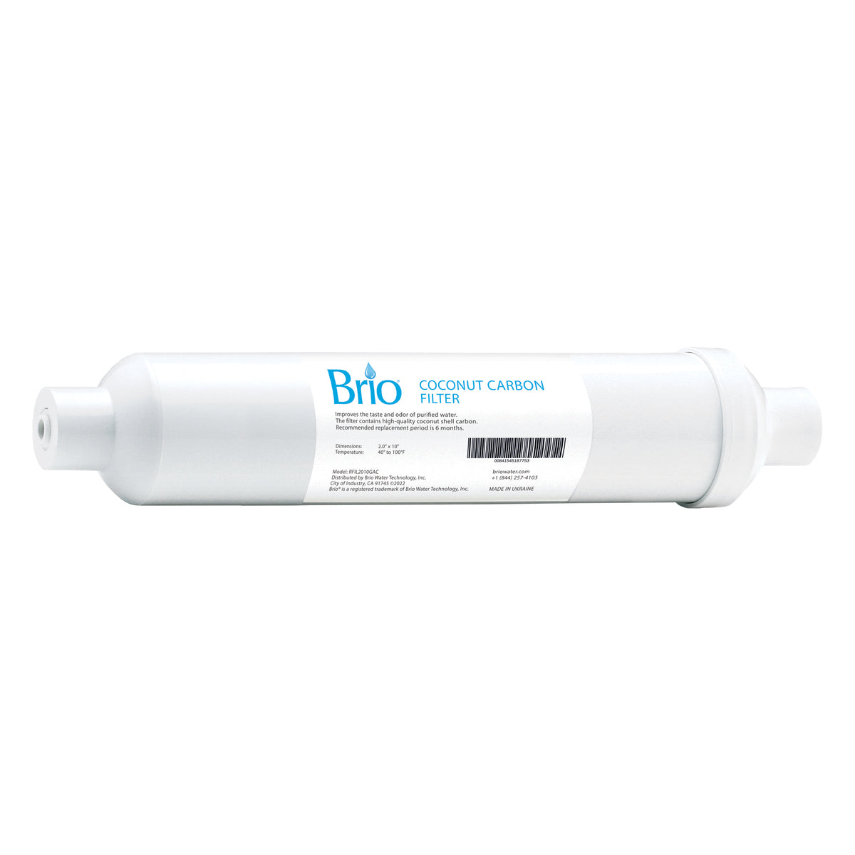 A white cylindrical Post Carbon Filter For Reverse Osmosis Systems, made from food-grade plastic for purified water filtration, features labeled blue text and barcodes on its body, displayed against a plain white background.