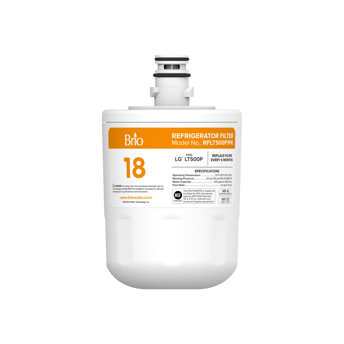 A white LT500P Refrigerator Filter – LG® LT500P, Kenmore® 46-9890 is shown upright with an orange label featuring product details and NSF-certified coconut shell carbon block specs.