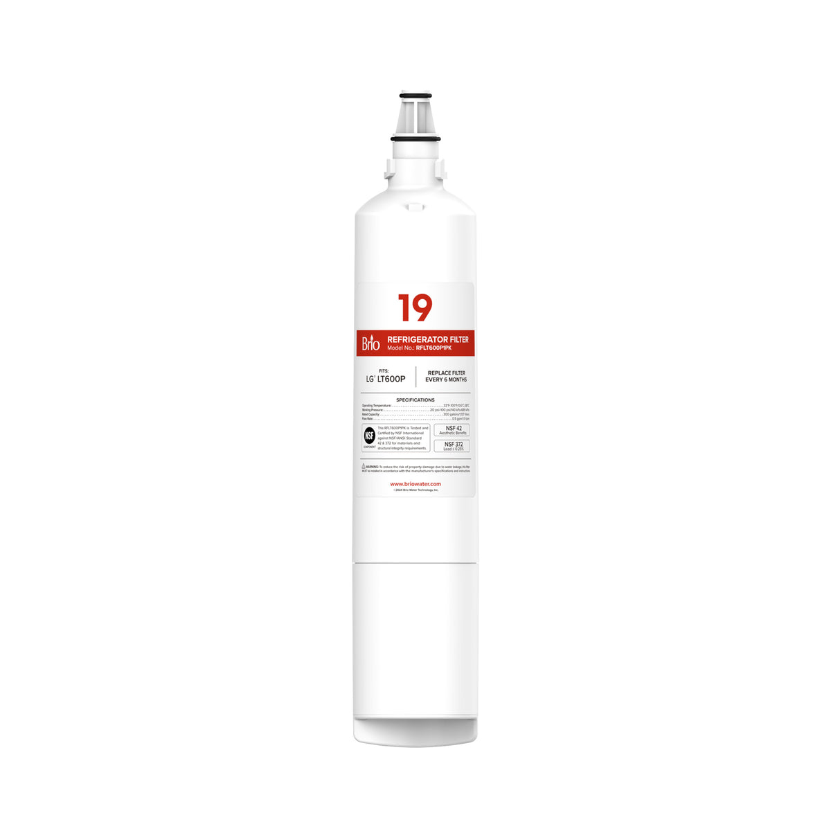A white cylindrical LT600P Refrigerator Filter (LG® LT600P, Kenmore® 9990) labeled 19 with red/black text displays product info. NSF-certified, it uses a coconut shell carbon block and has a top connector for installation.