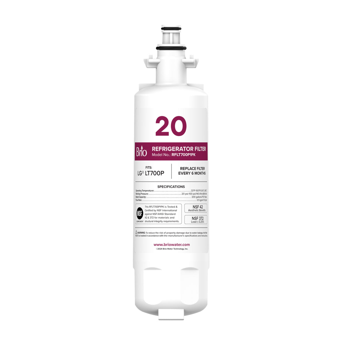 The LT700P Refrigerator Filter (LG® LT700P, Sears® Kenmore® 9690) is a white cylindrical filter labeled Refrigerator Filter, NSF-certified and features a coconut shell carbon block for effective filtration, with specs and replacement info on the front.