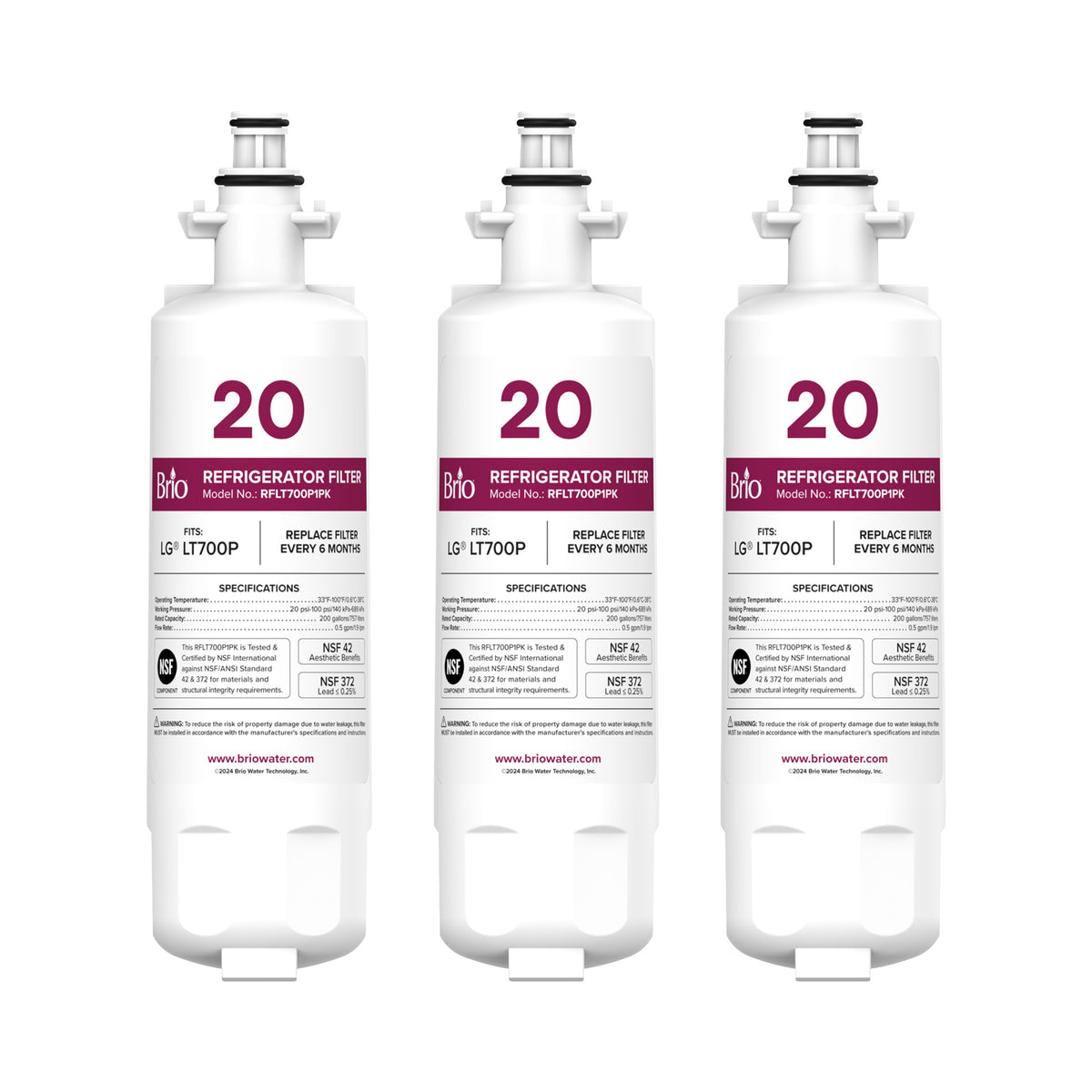 Three NSF-certified LT700P Refrigerator Filters (3-Pack) – LG® LT700P, Sears® Kenmore® 9690 stand upright side by side against a white background, displaying product details and replacement instructions for effective lead removal.
