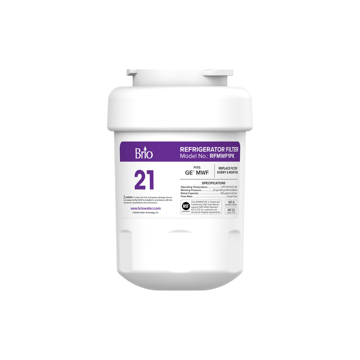A white MWF Refrigerator Filter – GE® MWF, Sears® Kenmore® 9991 with a purple and white "21" label offers specs and compatibility info. NSF-certified, it ensures clean, fresh-tasting water. Model: RFMFWTX.