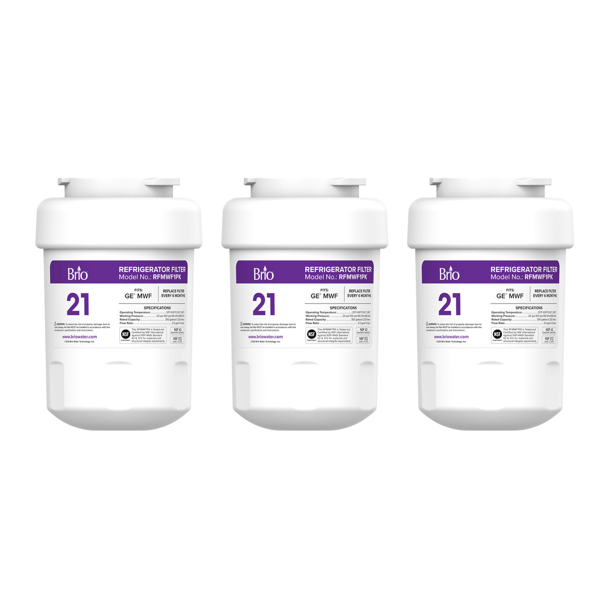 Three MWF Refrigerator Filters (3-Pack) – compatible with GE® MWF, Sears® 1991, and Kenmore® 9991 – are arranged in a row. Each NSF-certified filter uses a coconut shell carbon block for effective water purification.