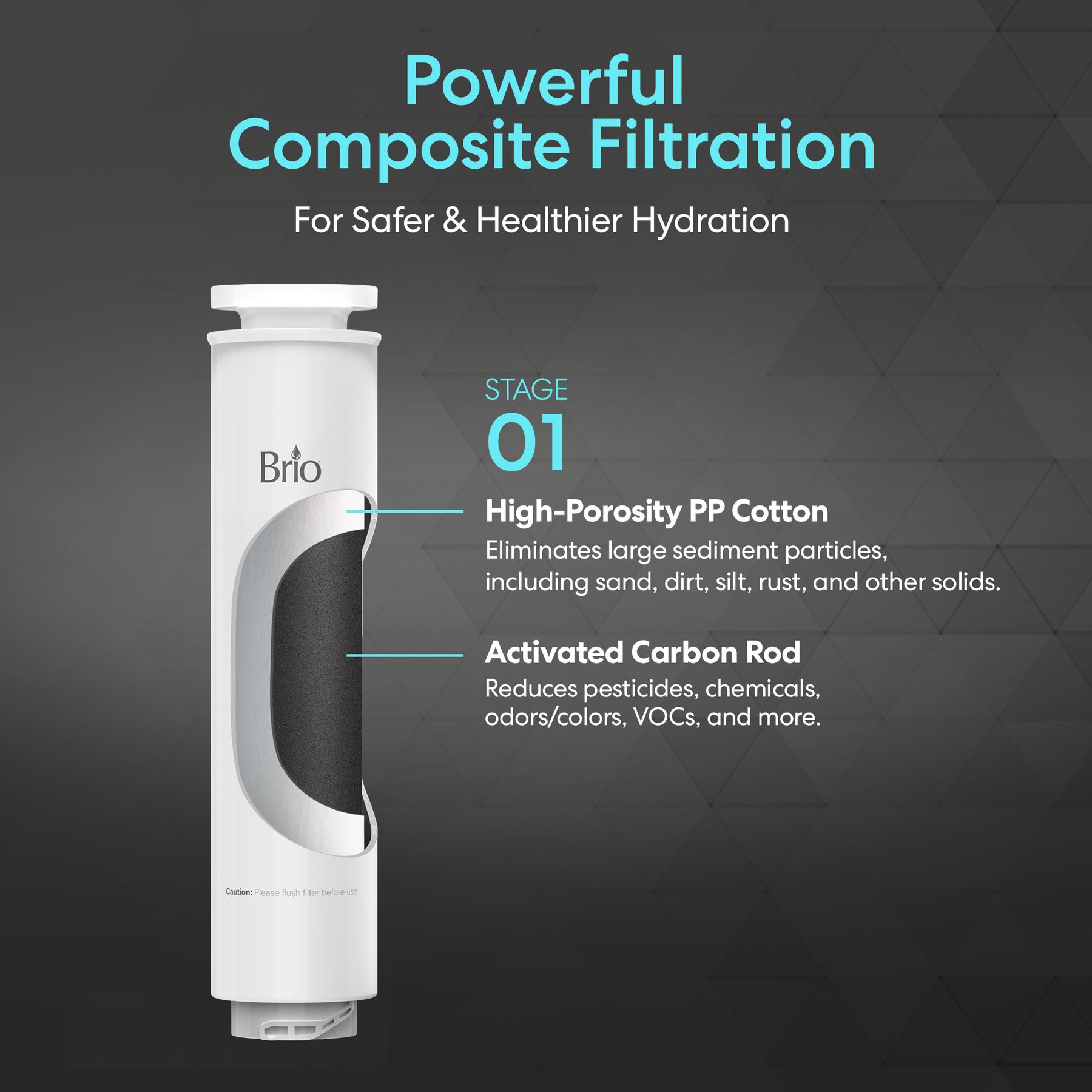 Image shows the Brio 2-in-1 PAC Filter - Q20 Dispenser beside text on stage 1 filtration: a high-porosity PP cotton and activated carbon rod combo that removes sediments, chemicals, odors, and VOCs for healthier hydration.